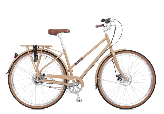 Bicicleta urbana SHULZ Roadkiller Lady Disk color café, con cuadro bajo, guardabarros completos y portaequipajes trasero